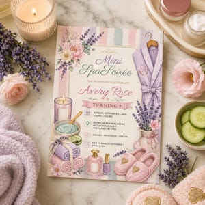 May include: A rectangular invitation card for a Mini Spa Soiree featuring pastel striped background, floral illustrations, a lavender robe, spa items, and text detailing a birthday event for Avery Rose on September 14, 2026, at Glow Garden Spa Lounge.