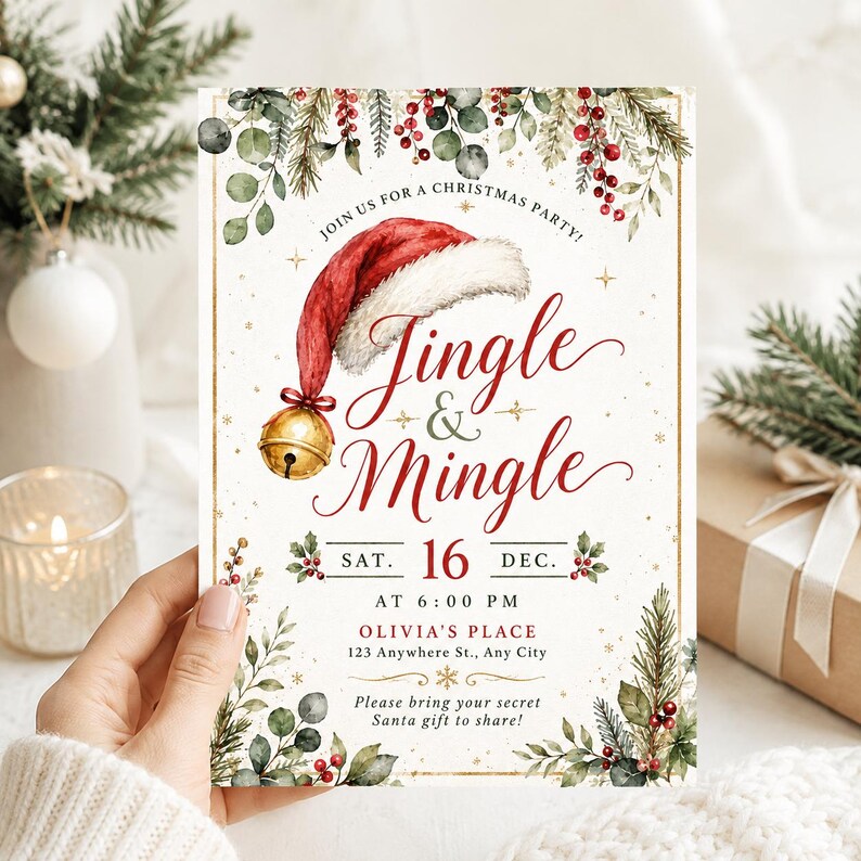 May include: A rectangular Christmas party invitation card featuring a red Santa hat with a gold jingle bell, green foliage, and red berries. The text reads: JOIN US FOR A CHRISTMAS PARTY! Jingle & Mingle SAT. 16 DEC. AT 6:00 PM OLIVIA'S PLACE.