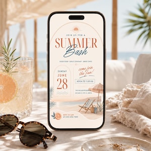 Pode incluir: Um smartphone exibindo um convite digital para uma Summer Bash em 28 de junho, do meio-dia às 19h. O design apresenta uma cena de praia com espreguiçadeira, guarda-sol e gráficos de laranja, com o texto Join Us For A Summer Bash.