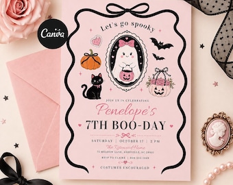 May include: A pink Halloween party invitation featuring a black wavy border, a ghost in a cameo frame, a black cat, a pumpkin, and bats. Text includes Let's go spooky, Penelope's 7TH BOO-DAY, Saturday October 17, 2 PM, 75 Meadow Lane, Asheville, NC 28801.