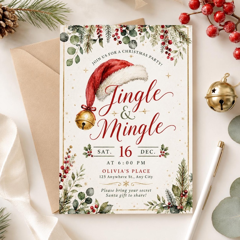 May include: A rectangular Christmas party invitation card featuring a red Santa hat with a gold jingle bell, surrounded by watercolor pine branches and red berries. The text reads Jingle & Mingle, Sat. 16 Dec. at 6:00 PM, Olivia's Place, 123 Anywhere St., Any City.