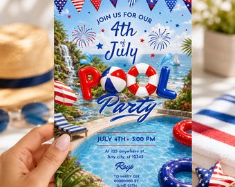 May include: A 4th of July pool party invitation card featuring a blue swimming pool, a waterfall, and red, white, and blue inflatable pool toys. The text reads: Join us for our 4th of July Pool Party, July 4th at 3:00 PM, at 125 anywhere st., Any city, st 12345, RSVP to Mary on 00000000 by June 25th.