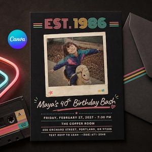 May include: A black birthday invitation card featuring the text EST. 1986 at the top, a central vintage-style photo of a child on a rocking horse, and the text Maya's 40th Birthday Bash, including event details for February 27, 2027, in Portland, OR.