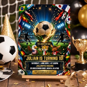May include: A birthday invitation poster featuring a soccer ball, stadium lights, and international flags. It displays the text: JULIAN IS TURNING 10! SATURDAY | JUNE 20TH | AT 5:00PM, JULIAN'S HOUSE, 215 BREEZEWOOD COURT, WICHITA, KS 67202, RSVP TO SAVANAH AT 123-456-7890.