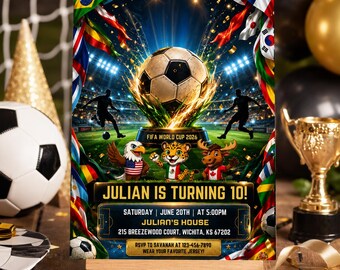 May include: A birthday invitation poster featuring a soccer ball, stadium lights, and international flags. It displays the text: JULIAN IS TURNING 10! SATURDAY | JUNE 20TH | AT 5:00PM, JULIAN'S HOUSE, 215 BREEZEWOOD COURT, WICHITA, KS 67202, RSVP TO SAVANAH AT 123-456-7890.