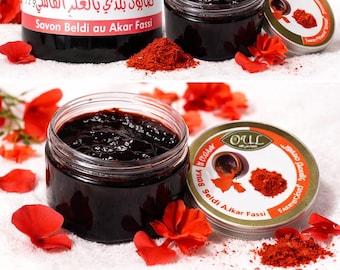 Jabón Beldi Marroquí / Jabón Negro Exfoliante, Auténtico, Jabón de Spa Hammam "Jabón Corporal Exfoliante Suave", con Akar Fassi 200gr