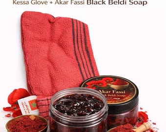 Moroccan Black Soap & Kessa Glove Spa Set, Deep Exfoliation, Smooth Skin