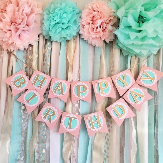 Mint Pink &amp; Gold Happy Birthday Banner | Etsy