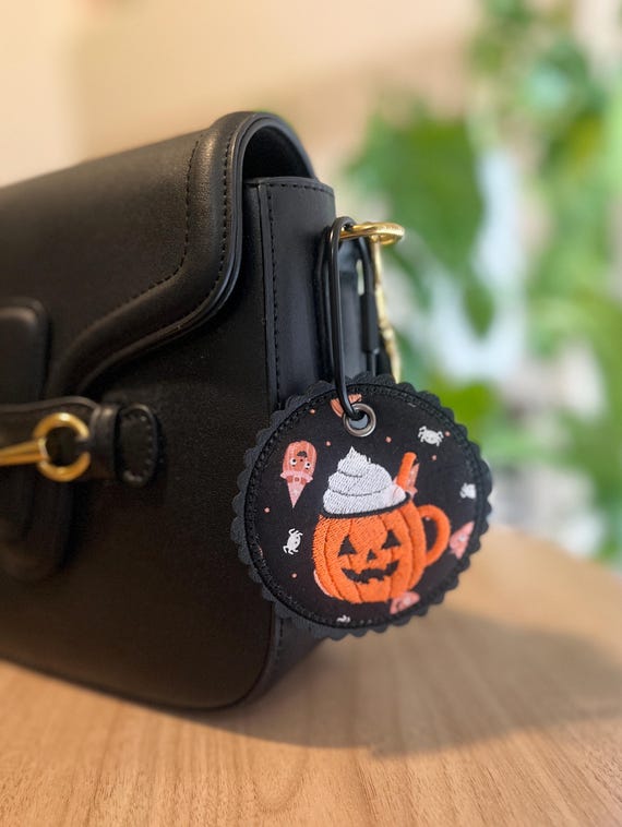 Halloween Pumpkin Bag Charm, Embroidered Jack O Lantern Coffee Cup Purse Accessory, Spooky Fall Keychain, Halloween Gift