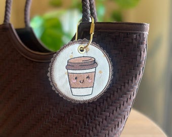 Embroidered Coffee Cup Bag Charm Floral Faux Leather Keychain Tag