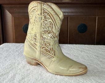 Minijarrón Frankoma Vintage White con forma de bota de vaquero, modelo n.° 134