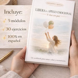 Może przedstawiać: Biały zeszyt zatytułowany "LIBERA EL APEGO EMOCIONAL" z kobietą wypuszczającą balony na okładce. Książka zawiera 5 modułów i 30 ćwiczeń, wszystko w języku hiszpańskim. Pióro spoczywa na beżowej powierzchni.