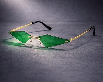 Green and Gold Rimless Diamond Sunglasses, Funky Colorful UV400 Eyewear, Festival Cosplay Accessories