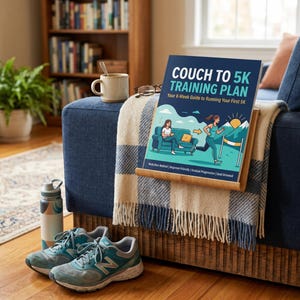 May include: A book titled "Couch to 5K Training Plan" rests on a plaid blanket atop a blue couch. The book cover features illustrations of a person on a couch and another running. A pair of blue running shoes and a water bottle are in the foreground.