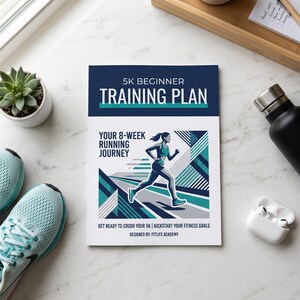 May include: A 5K Beginner Training Plan book with a running graphic, a black water bottle, white earbuds, and light blue running shoes. The book cover reads "Your 8-Week Running Journey". A small succulent plant sits in a white pot.