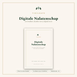 Puede incluir: Un documento de planificación patrimonial digital titulado Digitale Nalatenschap con un logotipo de hoja. La página incluye secciones para cuentas, contraseñas, finanzas, redes sociales y contactos. Es una lista de verificación A4 rellenable.