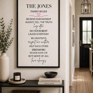 Op de afbeelding: Een rechthoekig wandbord in een zwarte lijst met de tekst THE JONES FAMILY RULES gevolgd door een lijst met zinnen waaronder BE KIND AND HONEST, ALWAYS TELL THE TRUTH, hug often, DO YOUR BEST, LAUGH EVERYDAY, BE GRATEFUL, respect one another, HELP EACH OTHER, DREAM BIG, NEVER GIVE UP, BUT MOST OF ALL love always.