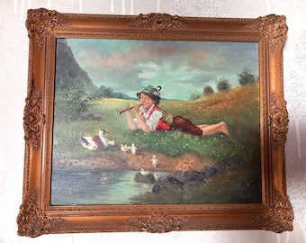Olieverfschilderij op doek, fluitspeler met eenden bij het meer, landschap van P. Schmitt