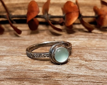 Argentium Silver Ring, Chalcedony Ring, Chalcedony Cabochon, Cabochon Ring, Aqua Chalcedony, Oxidized Silver Ring Band