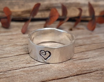 Silver Heart Ring, Silver Ring Band, Stamped Ring Band, Hammered Silver Ring