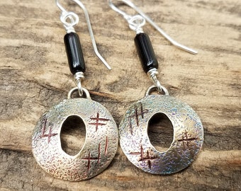 Silver Disc Earrings, Silver and Black Earrings