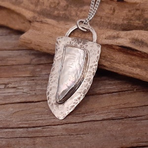 Silver Mother of Pearl Necklace, Mother of Pearl Pendant, Hammered Silver Pendant, Ladies Silver Necklace