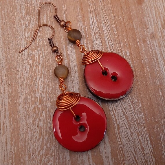 Button Earrings Red Buttons Copper Earrings Tiger s Eye