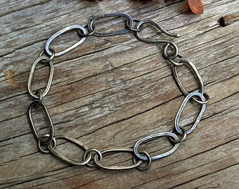 Oxidized Silver Chain Bracelet, Argentium Silver Bracelet, Ladies Silver Chain, Hammered Silver Bracelet