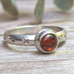 Stamped Argentium Silver Ring with Amber Cabochon, Primitive Style Band