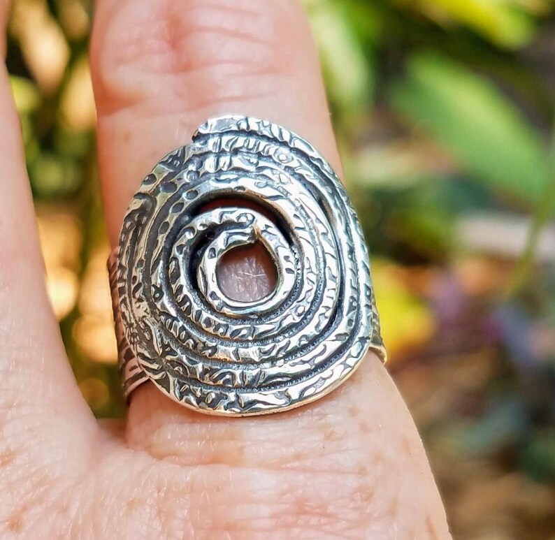 Oxidized Argentium Silver Spiral Ring, Hammered Wide Band, Size 8 image 2