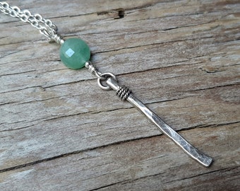 Silver Necklace, Aventurine Necklace, Oxidized Silver Pendant, Silver Bar Necklace, Argentium Silver Necklace