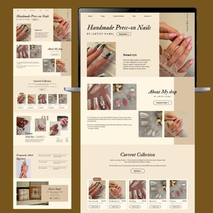 Könnte beinhalten: Ein Laptop-Bildschirm zeigt eine Website für handgefertigte Press-on-Nägel. Die Seite zeigt Bilder verschiedener Nageldesigns, darunter Glitzer, French Tips und aufwendige Muster. Der Text enthält "Handmade Press-on Nails" und "Current Collection."