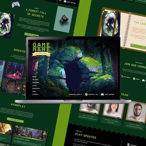 May include: A laptop screen displaying a dark green website for a pixel art game titled Game Name. The homepage features a large illustration of a dark forest cave with glowing red eyes, navigation links, and sections for story, team, and community.