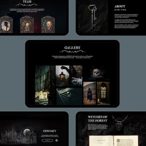 May include: A dark, moody digital art composition featuring a tablet displaying a website. The website has a black background with white text and gothic-style imagery, including a key, skull, and portraits. The theme is a dark fantasy game.