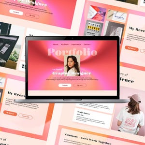 May include: A laptop displaying a graphic design portfolio website with a pink and white gradient background. The website features a photo of a woman, the text "Portfolio," and navigation buttons. Surrounding the laptop are other design-related pages.