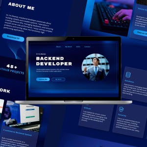 May include: A laptop displaying a website with the text "BACKEND DEVELOPER" and a photo of a man in a suit. The website also includes sections on "About Me," "My Work," "Skills," and "Contact." Additional cards highlight "Database," "Github," and "Security."