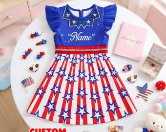 Girls 4th of July Dress American Flag Outfit Patriotic Kids Dress Custom Name Independence Day Outfit USA Birthday 250 Anniversary Girl