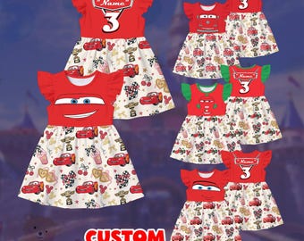 Red Cars Bundle Girl Dress Set Personalized Name Age Kids Cartoon Outfit Lightning McQueen Theme Matching Birthday Party Outfit Gift