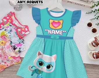 Bitsy SuperKitties Birthday Dress Girl Personalized Name Age Teal Outfit Kids Cartoon Cat Party Dress Birthday Girl Outfit