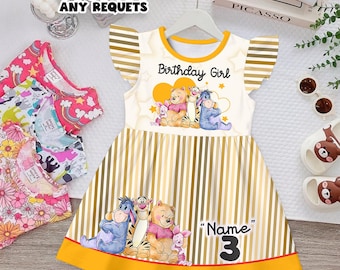 Winnie Pooh Birthday Girl Dress Personalized Name Age Kids Cartoon Dress Pooh Friends Outfit Custom Toddler Girl Party Outfit Gift