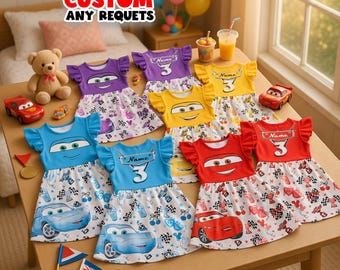 Girls Cars Birthday Dress Lightning Car Outfit Custom Name Age Toddler Girl Birthday Outfit Number 3 Dress Kids Cartoon Party Dress