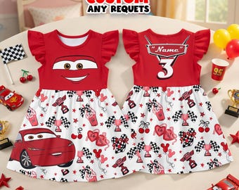 Girls Birthday Dress Lightning McQueen Cars Personalized Custom Name Party Gown Disney World Outfit Gift