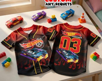 Hot Wheels GT Scorcher Birthday Baseball Jersey Lets Race Shirt Custom Name Number Racing Team Shirt Birthday Boy Outfit Kids