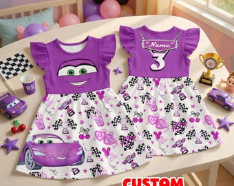 Girls Cars Birthday Dress Holley Car Outfit Custom Name Age Toddler Girl Disney Trip Outfit Cartoon Birthday Girl Dress Purple Theme
