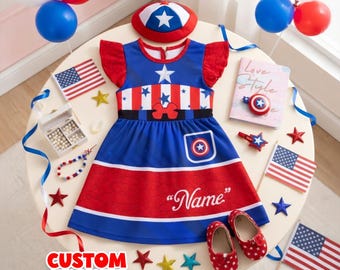 Girls Patriotic Birthday Dress USA Outfit Set Custom Name American Flag Dress Kids 4th of July Outfit Red White Blue Toddler Girl Dress Set