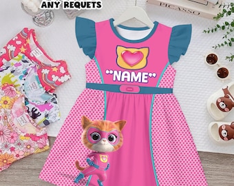 Ginny SuperKitties Birthday Dress Girl Personalized Name Age Pink Outfit Kids Cartoon Cat Party Dress Birthday Girl Outfit