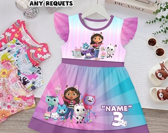 Gabby Dollhouse Birthday Dress Girl Personalized Name Age Outfit Kids Cartoon Party Dress Pink Purple Birthday Girl Outfit