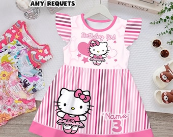 Hello Kitty Birthday Girl Dress Personalized Name Age Kids Pink Cartoon Dress Custom Toddler Girl Party Outfit Cute Gift Idea