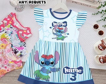 Stitch Birthday Girl Dress Personalized Name Age Kids Blue Cartoon Dress Custom Toddler Girl Party Outfit Cute Stitch Gift Idea