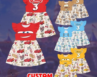 Cars Bundle Girl Dress Set Personalized Name Age Kids Cartoon Outfit Lightning McQueen Mater Guido Cruz Birthday Party Outfit Gift